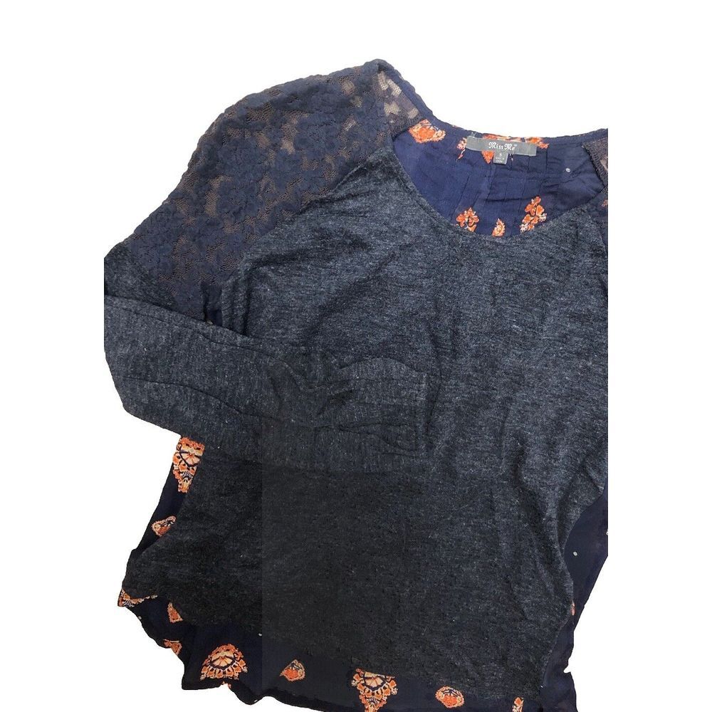 Miss Me Sweater S Navy Sheer Lace Shoulders High-low Floral Boho Mixed Media - Picture 1 of 11